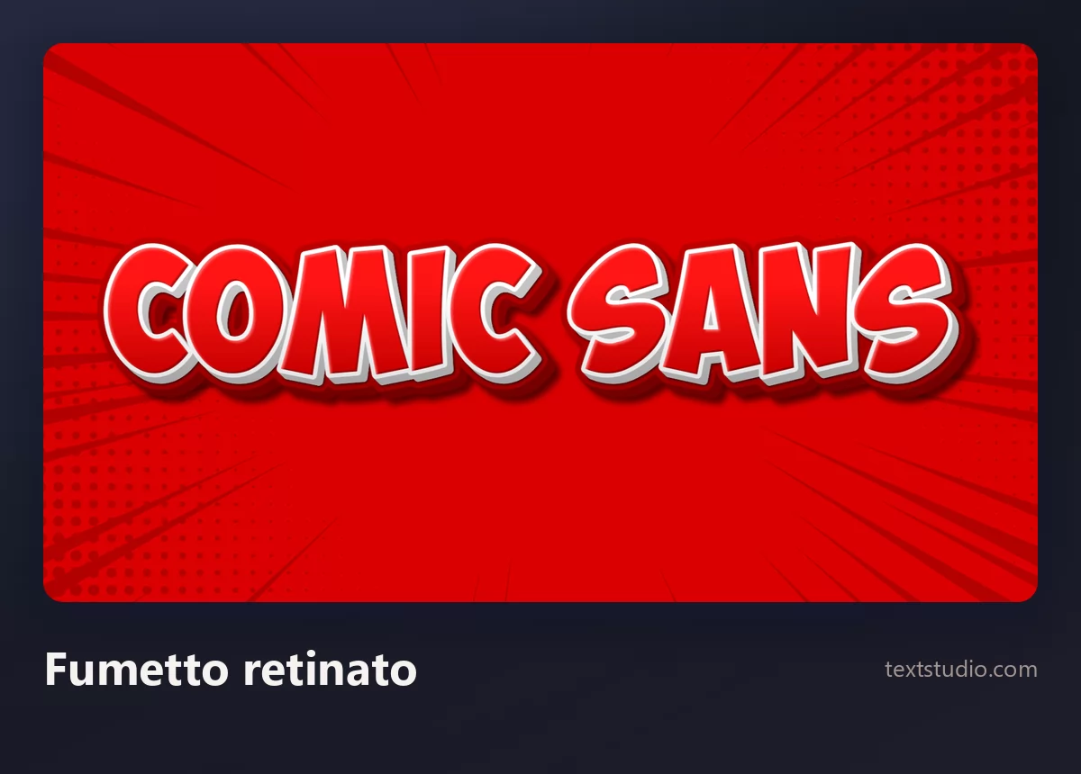 Le parole Comic Sans in maiuscole da fumetto rosse e bianche su uno sfondo a retino di puntini rossi con linee cinetiche