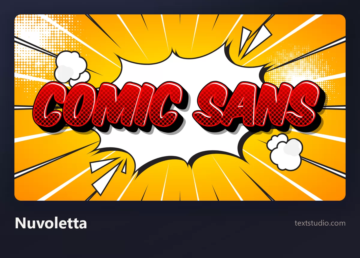 Le parole Comic Sans in maiuscole da fumetto rosse dentro un'esplosione bianca frastagliata su uno sfondo arancione a retino