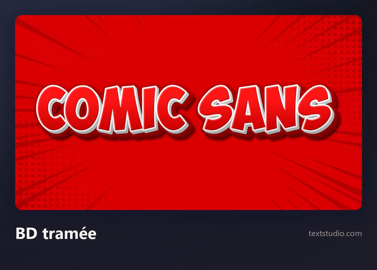 Les mots Comic Sans en capitales de bande dessinée rouges et blanches sur un fond de trame de points rouges parcouru de lignes de vitesse