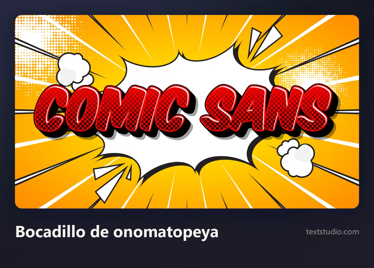 Las palabras Comic Sans en mayúsculas de cómic rojas dentro de un estallido de bocadillo blanco y dentado sobre un fondo tramado naranja