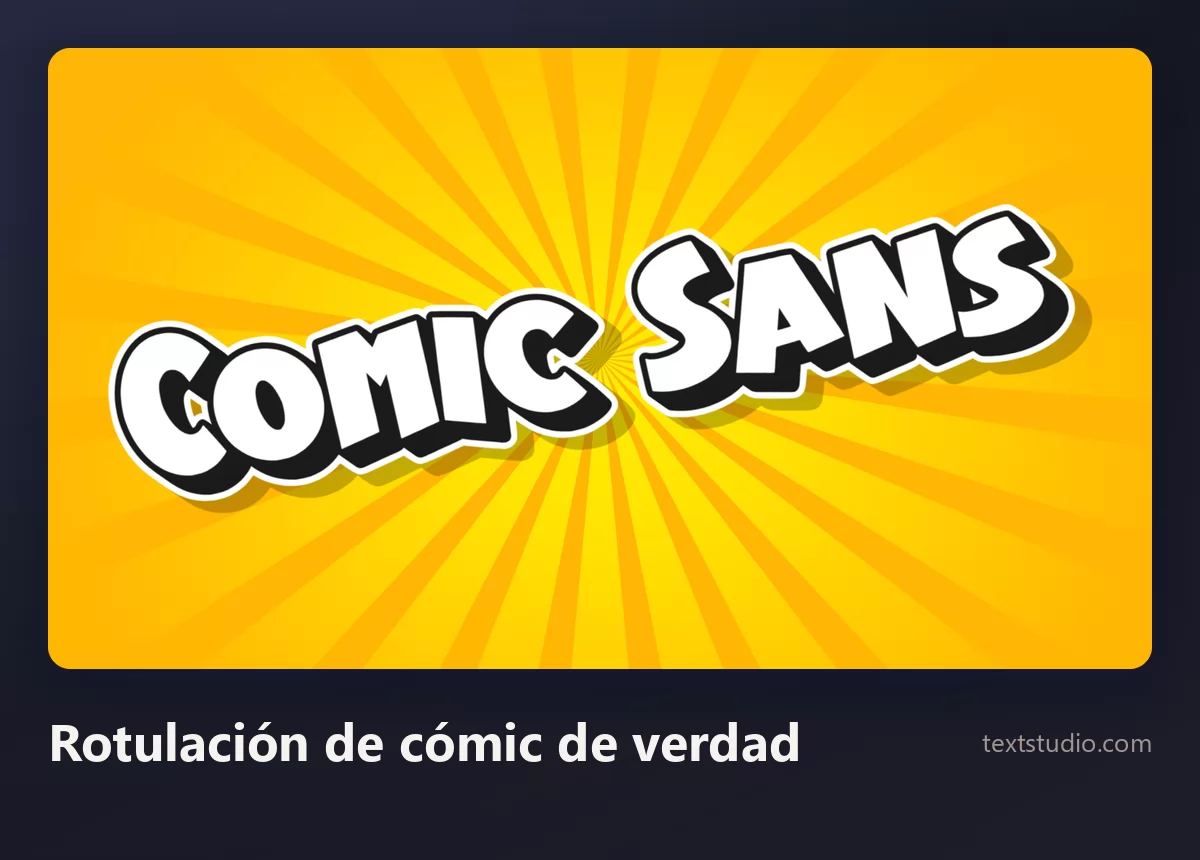 Las palabras Comic Sans en mayúsculas de cómic blancas y gruesas con un contorno negro marcado y sombra sobre un estallido radial amarillo
