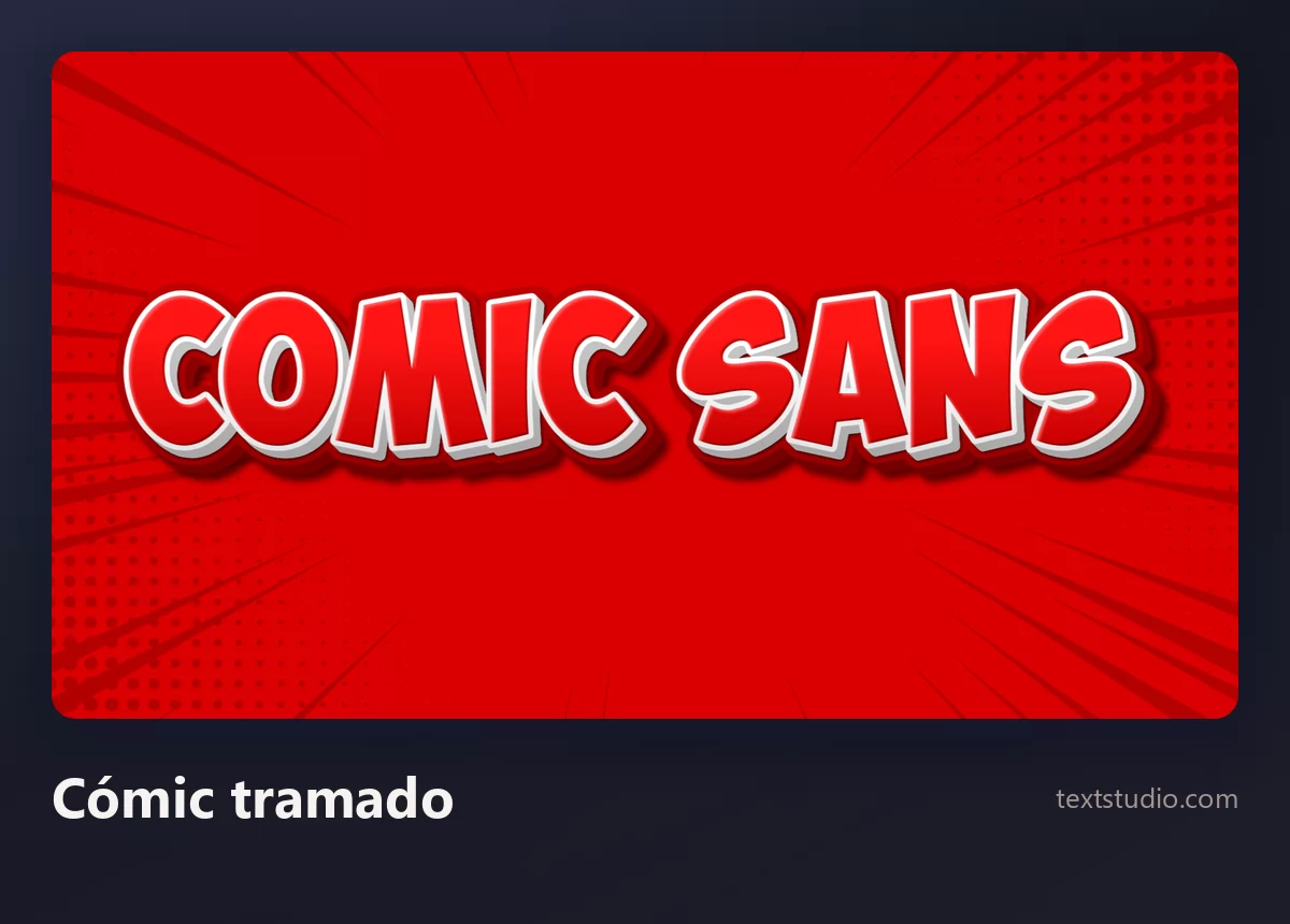 Las palabras Comic Sans en mayúsculas de cómic rojas y blancas sobre un fondo de tramado de puntos rojos con líneas cinéticas