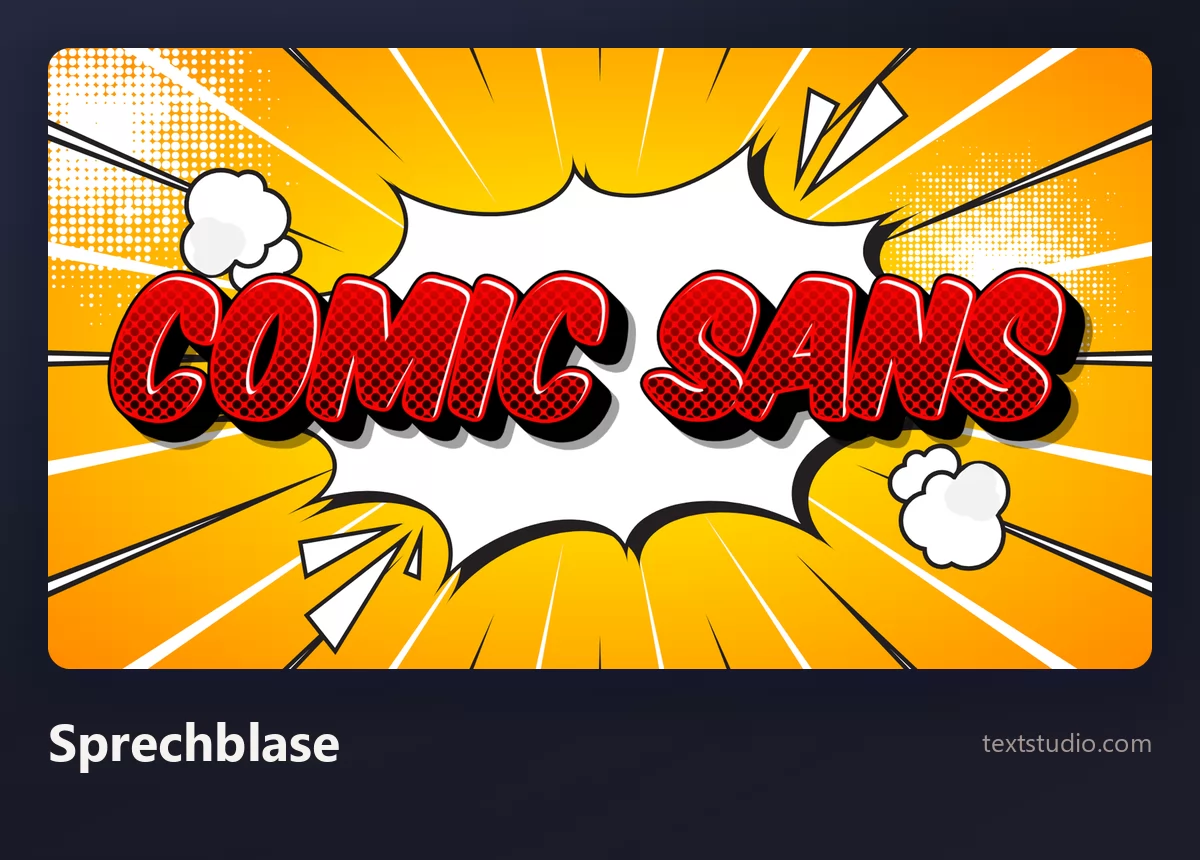 Die Wörter Comic Sans in roten Comic-Versalien in einer weißen gezackten Sprechblase auf einem orangefarbenen Rasterhintergrund