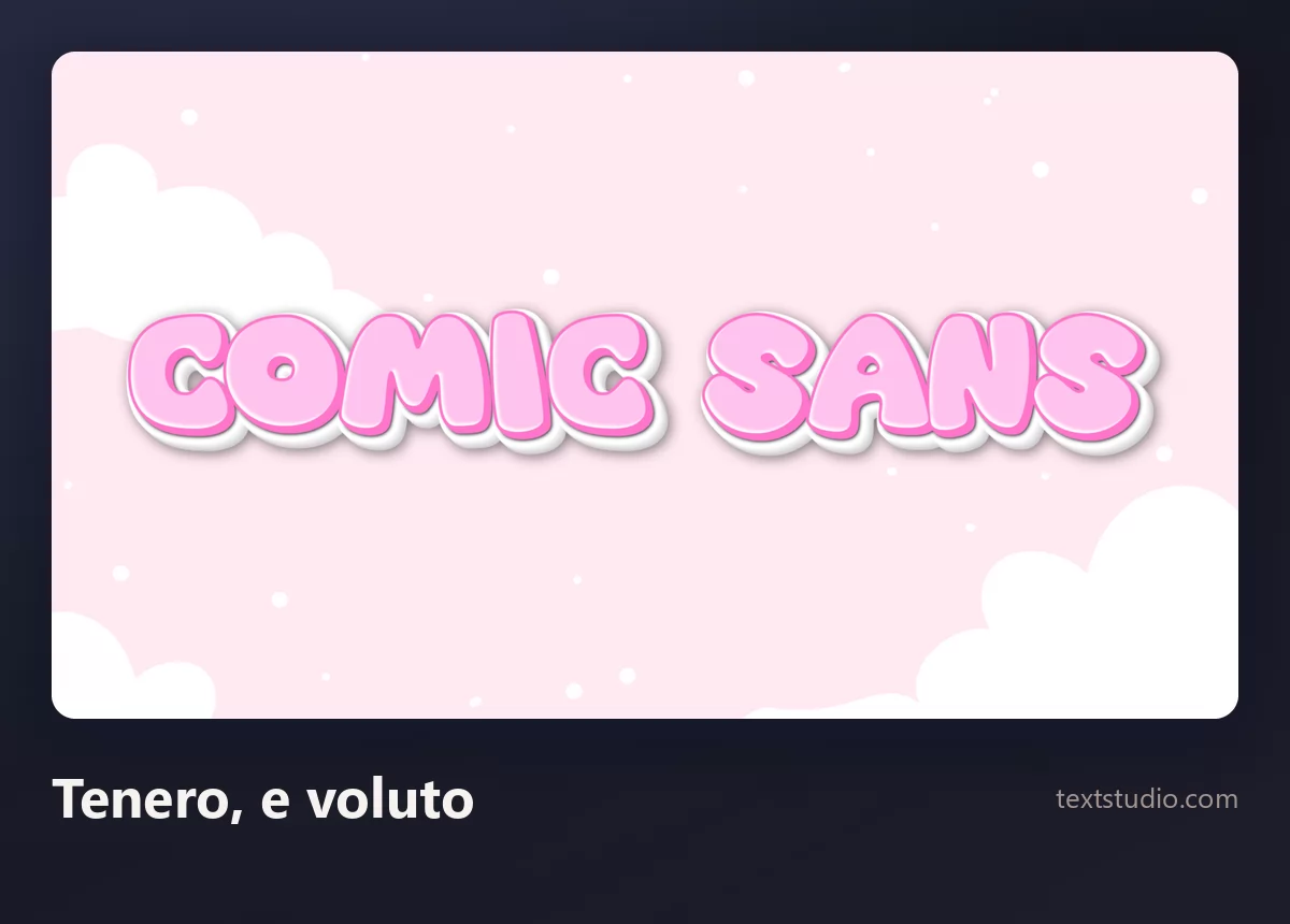 Le parole Comic Sans in lettere cartoon arrotondate rosa tenue con contorno bianco su un cielo chiaro con nuvole