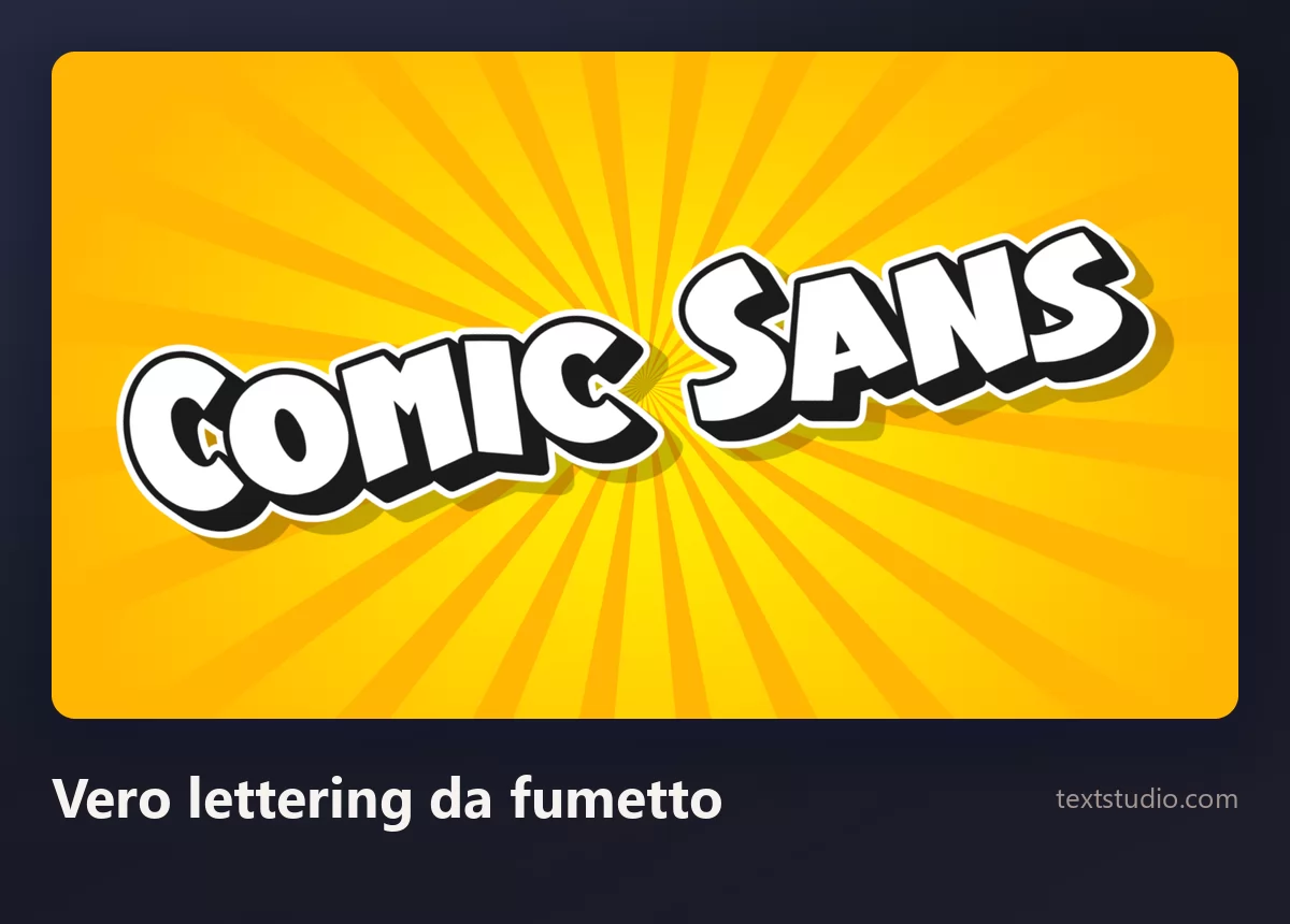Le parole Comic Sans in maiuscole da fumetto bianche e pesanti, con contorno nero spesso e ombra su un'esplosione radiale gialla
