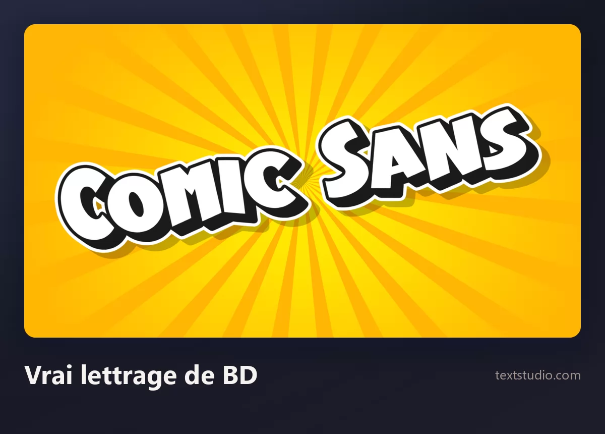 Les mots Comic Sans en capitales de bande dessinée blanches et épaisses, avec un contour noir marqué et une ombre, sur un éclat radial jaune