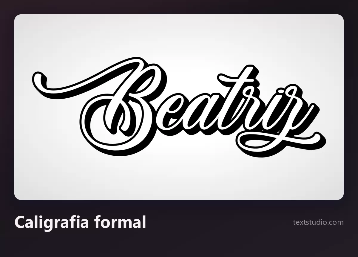 O nome Beatriz em caligrafia formal, um script preto de alto contraste com contorno branco e sombra projetada