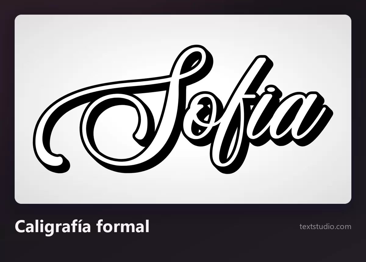 El nombre Sofia en caligrafía formal, un script negro de mucho contraste con contorno blanco y sombra proyectada