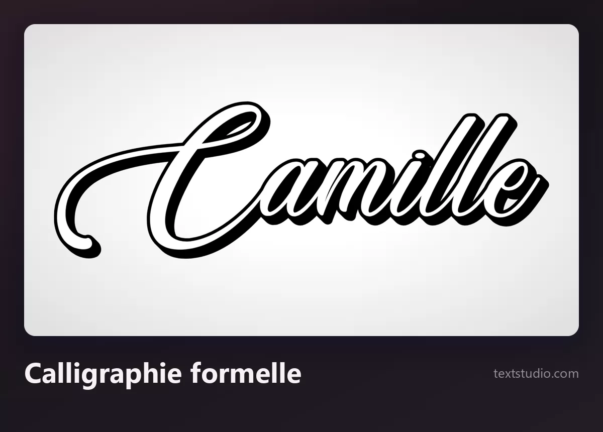 Le prénom Camille en calligraphie formelle, un script noir très contrasté avec un contour blanc et une ombre portée