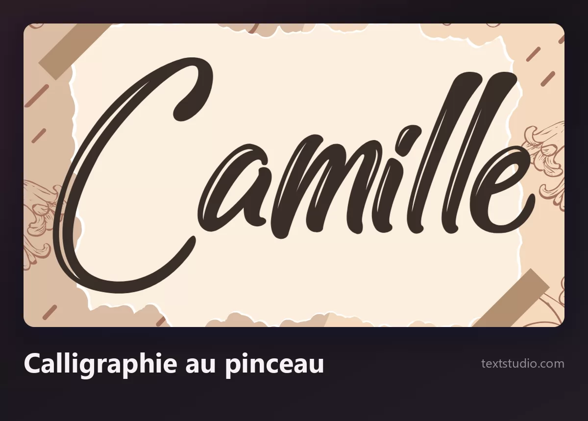 Le prénom Camille en calligraphie au pinceau moderne, un lettrage brun foncé à la ligne de base rebondissante sur un papier texturé