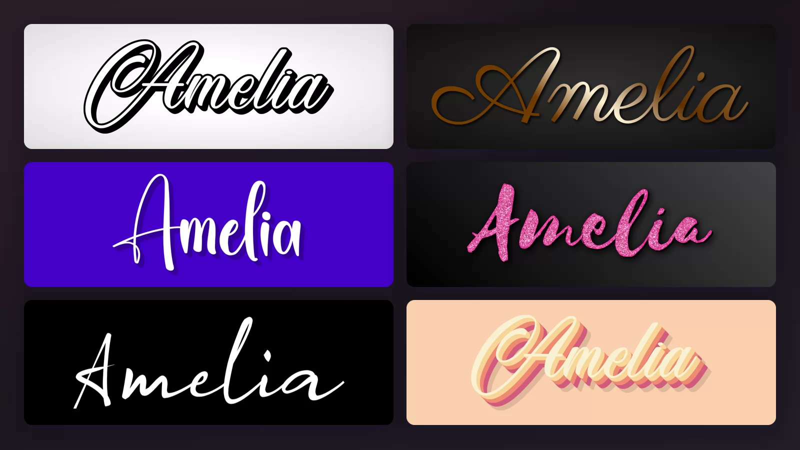 The name Amelia written in six cursive styles: formal calligraphy, gold metallic script, bold brush script, pink glitter script, a thin monoline signature and a retro sign script
