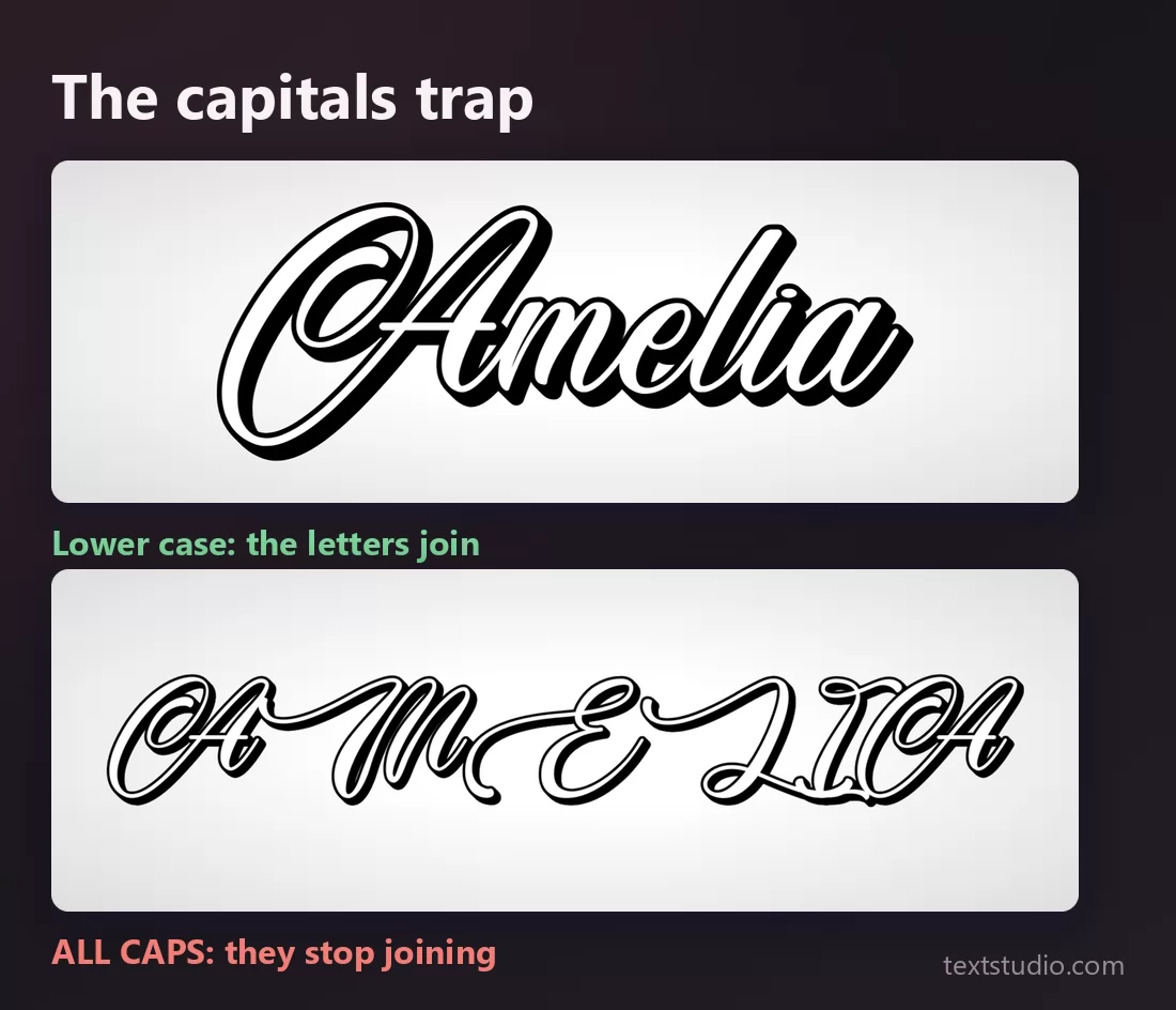 The same name in a calligraphy script, first in lower case where the letters join, then in all capitals where they no longer connect