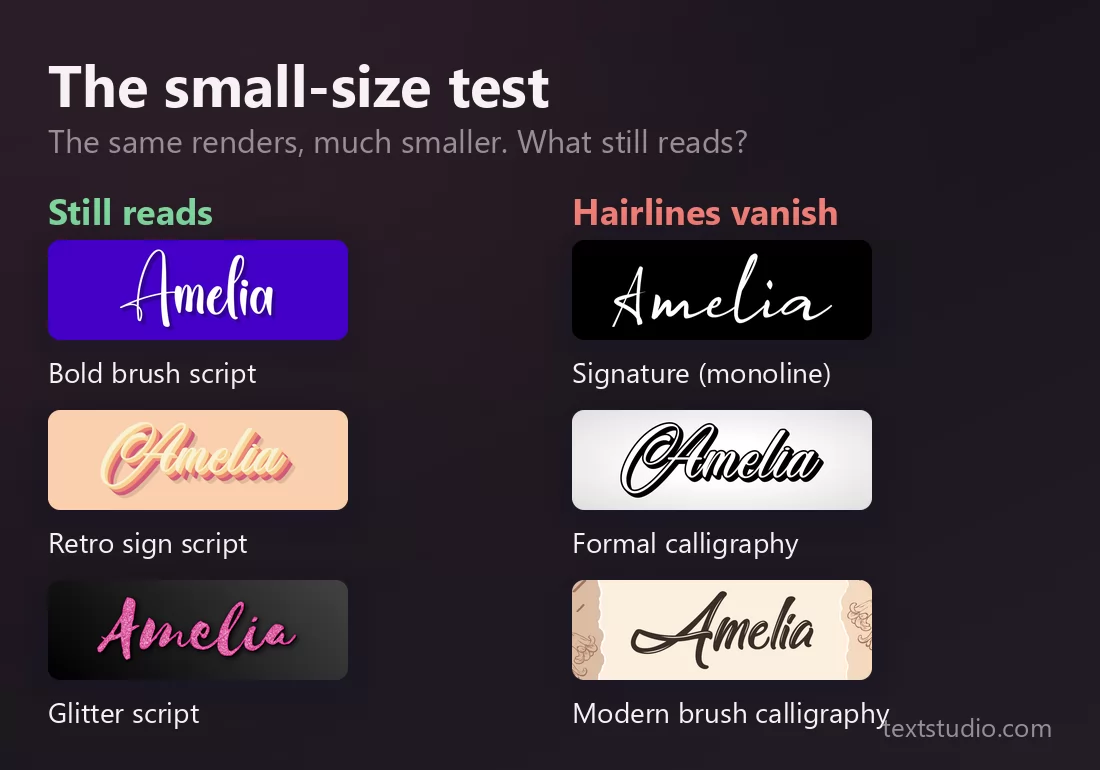 Small-size comparison of six cursive styles: the bold brush, retro and glitter scripts still read, while the monoline signature, formal calligraphy and brush calligraphy lose their thin strokes