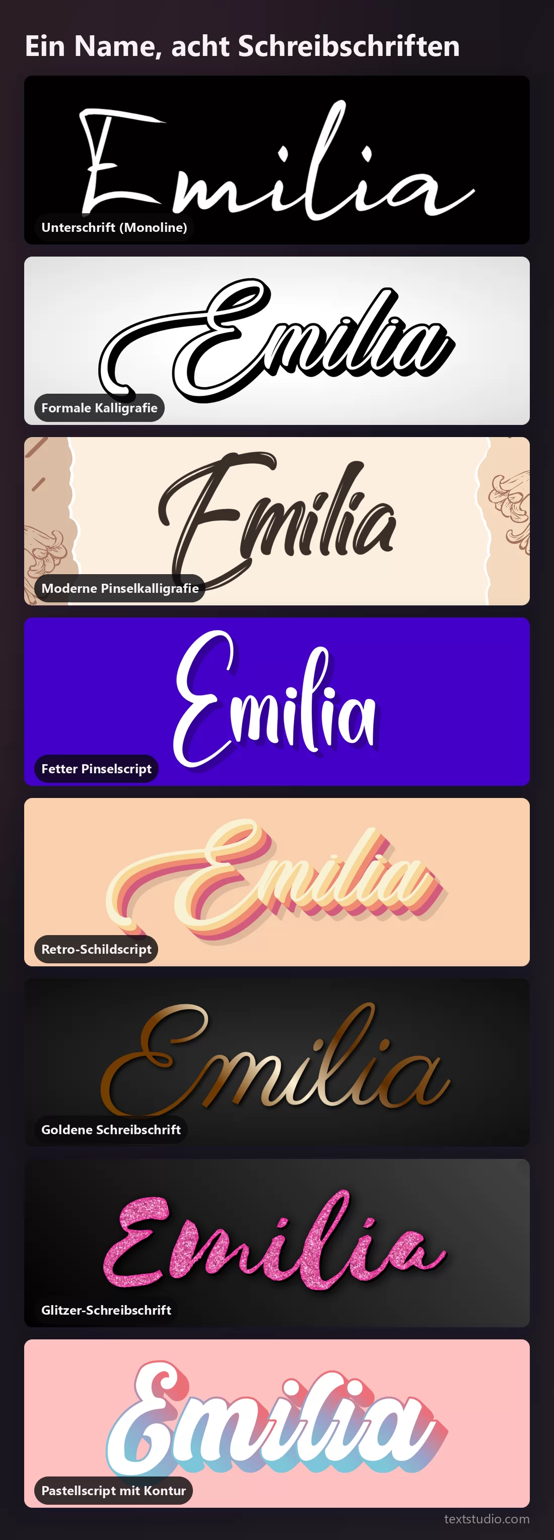 Der Name Emilia in acht Schreibschrift-Stilen zum Vergleich gestapelt, von einer dünnen Monoline-Unterschrift bis zu einem Glitzer-Pinselscript
