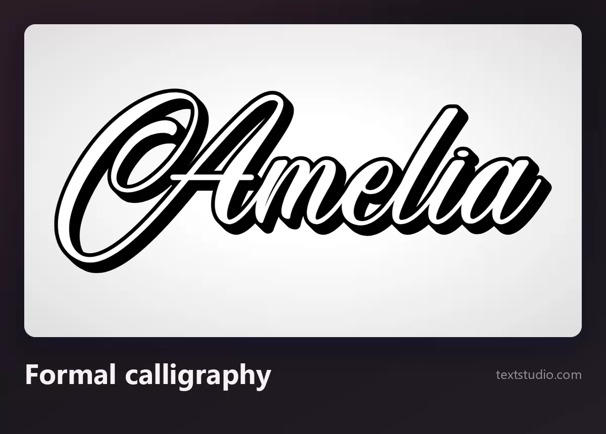 The name Amelia in formal calligraphy, a high-contrast black script with a white outline and drop shadow