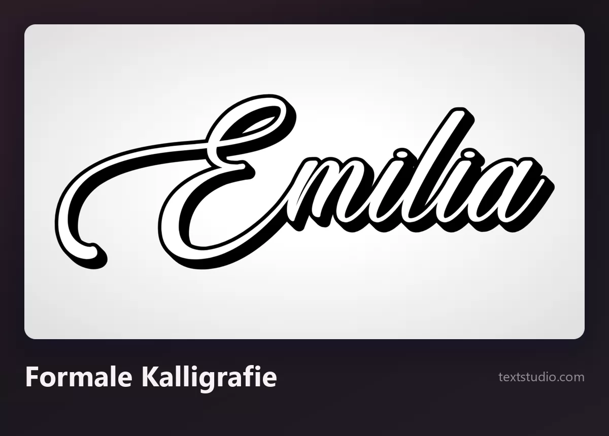 Der Name Emilia in formaler Kalligrafie, ein kontrastreicher schwarzer Script mit weißer Kontur und Schlagschatten