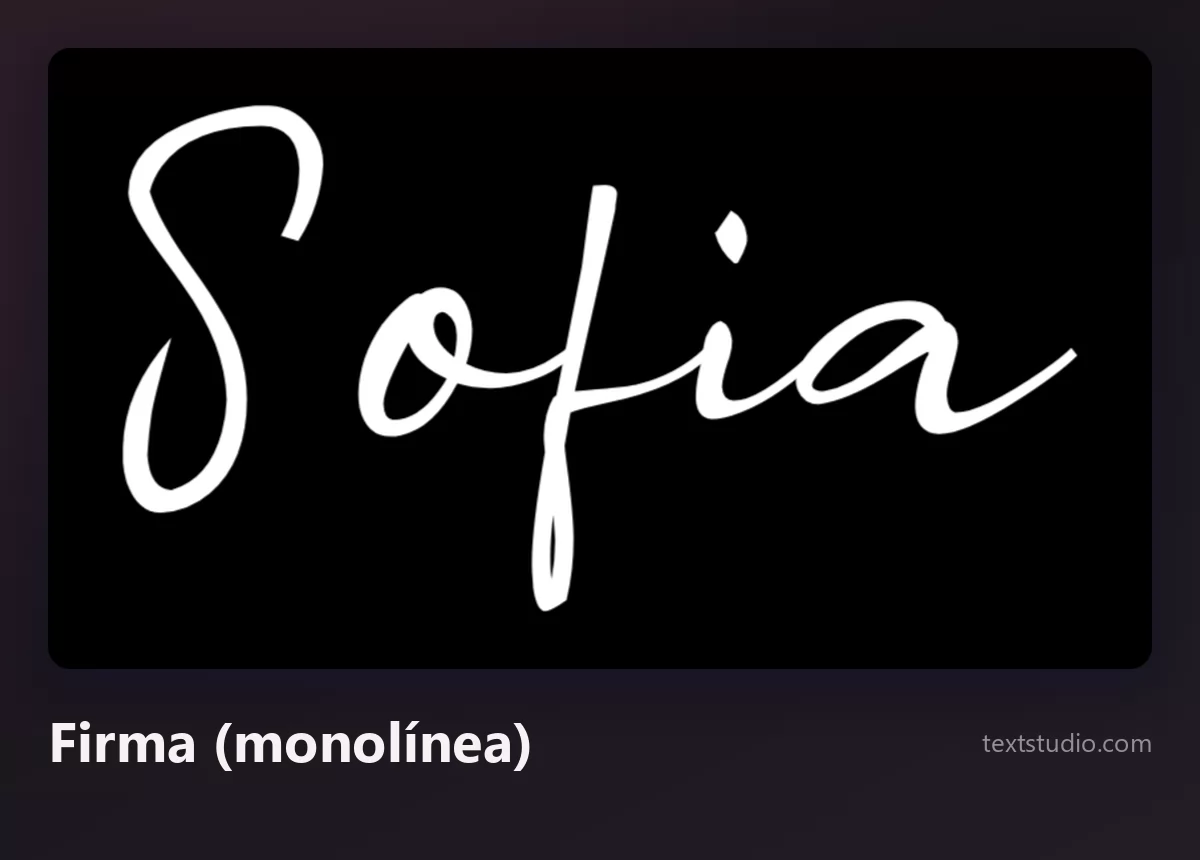 El nombre Sofia en un script de firma monolínea fino y blanco sobre fondo negro