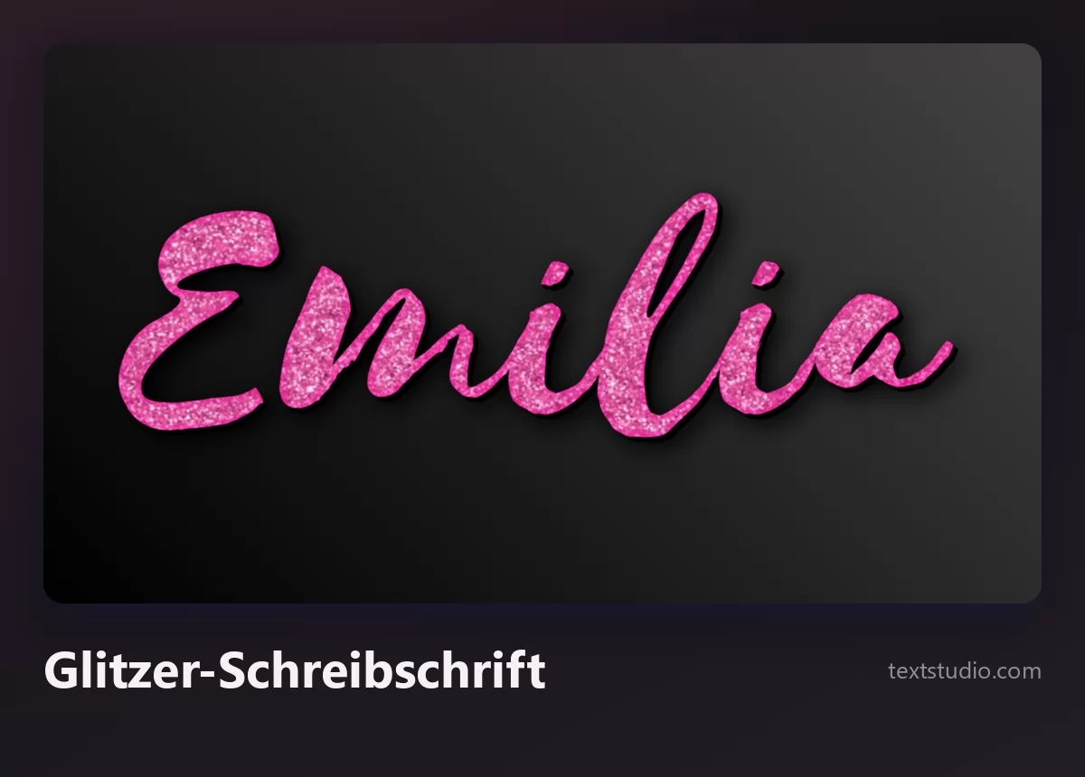 Der Name Emilia in einem rosa Glitzer-Pinselscript mit funkelnder Textur auf dunklem Hintergrund