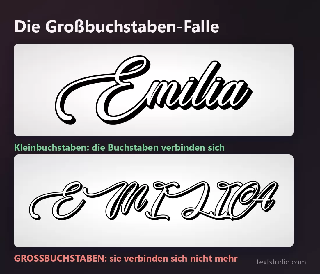 Derselbe Name in einem Kalligrafie-Script, zuerst in Kleinbuchstaben, wo sich die Buchstaben verbinden, dann in GROSSBUCHSTABEN, wo sie sich nicht mehr verbinden