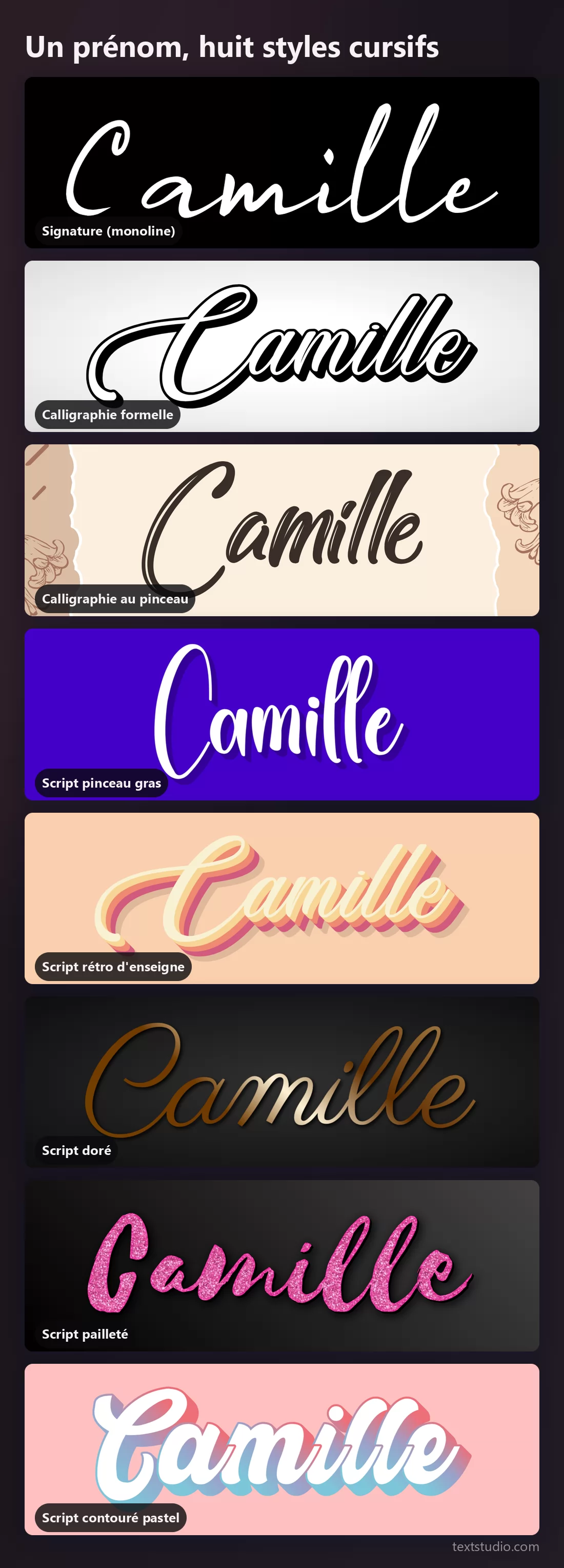 Le prénom Camille dans huit styles cursifs empilés pour comparaison, de la fine signature monoline au script pinceau pailleté