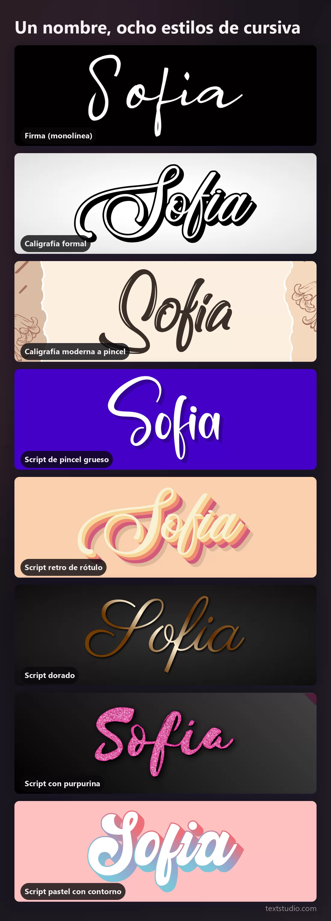 El nombre Sofia en ocho estilos de cursiva apilados para compararlos, desde una firma monolínea fina hasta un script de pincel con purpurina