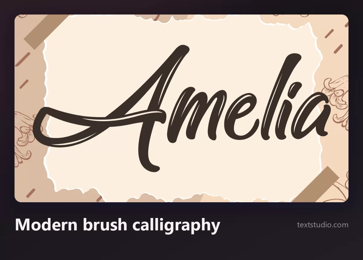 The name Amelia in modern brush calligraphy, dark brown lettering with a bouncing baseline on textured paper