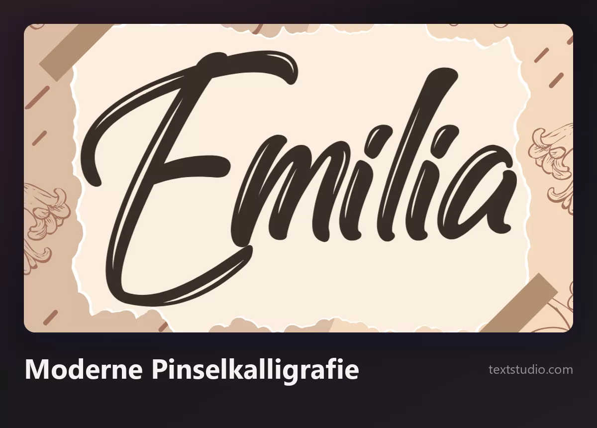 Der Name Emilia in moderner Pinselkalligrafie, dunkelbraunes Lettering mit hüpfender Grundlinie auf strukturiertem Papier