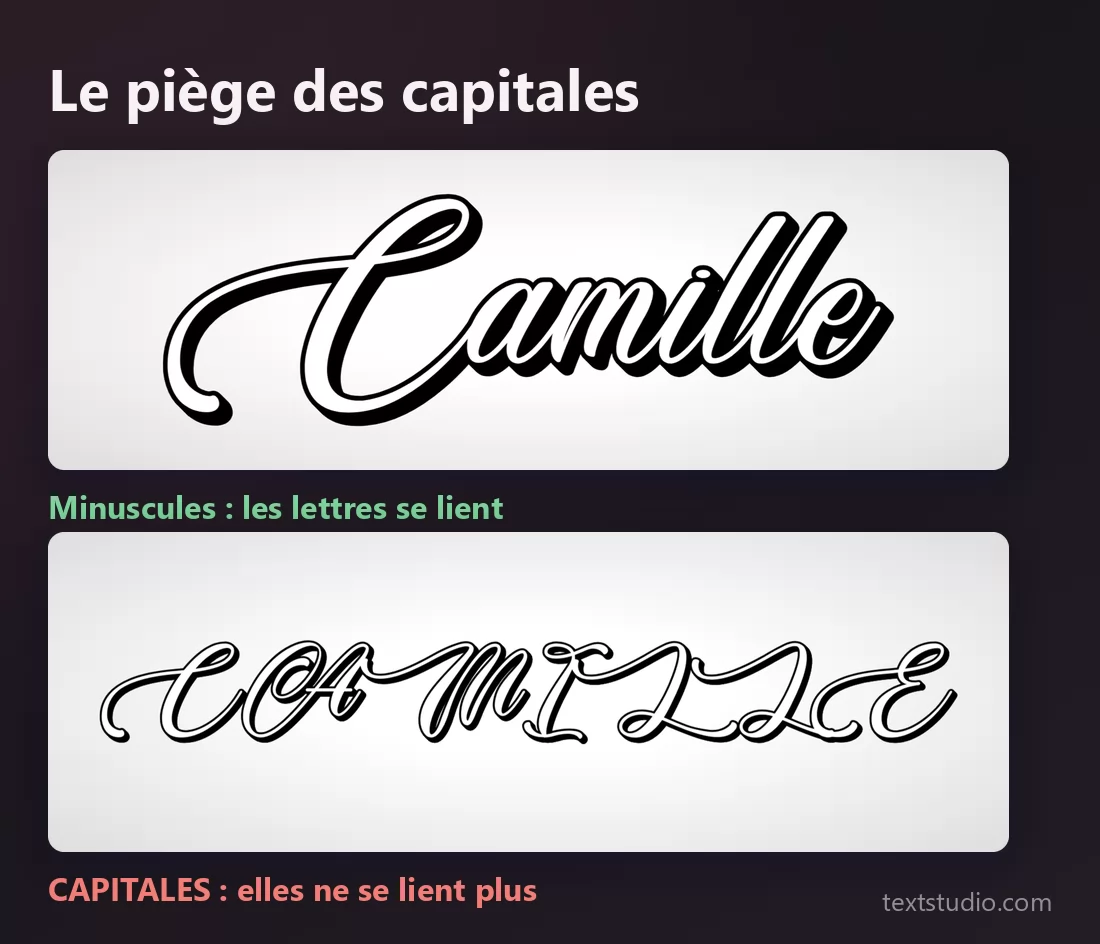 Le même prénom dans un script de calligraphie, d'abord en minuscules où les lettres se lient, puis tout en capitales où elles ne se lient plus