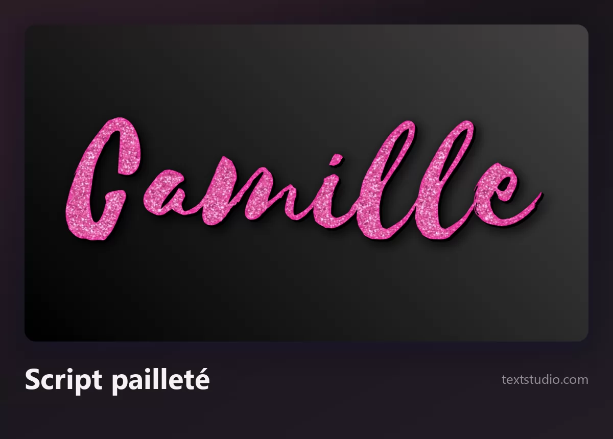 Le prénom Camille dans un script pinceau pailleté rose à la texture scintillante sur fond sombre