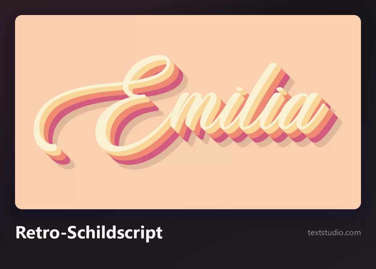 Der Name Emilia in einem Retro-Schildscript, cremefarbene Buchstaben mit einem geschichteten dreidimensionalen Schatten in Rosa und Orange