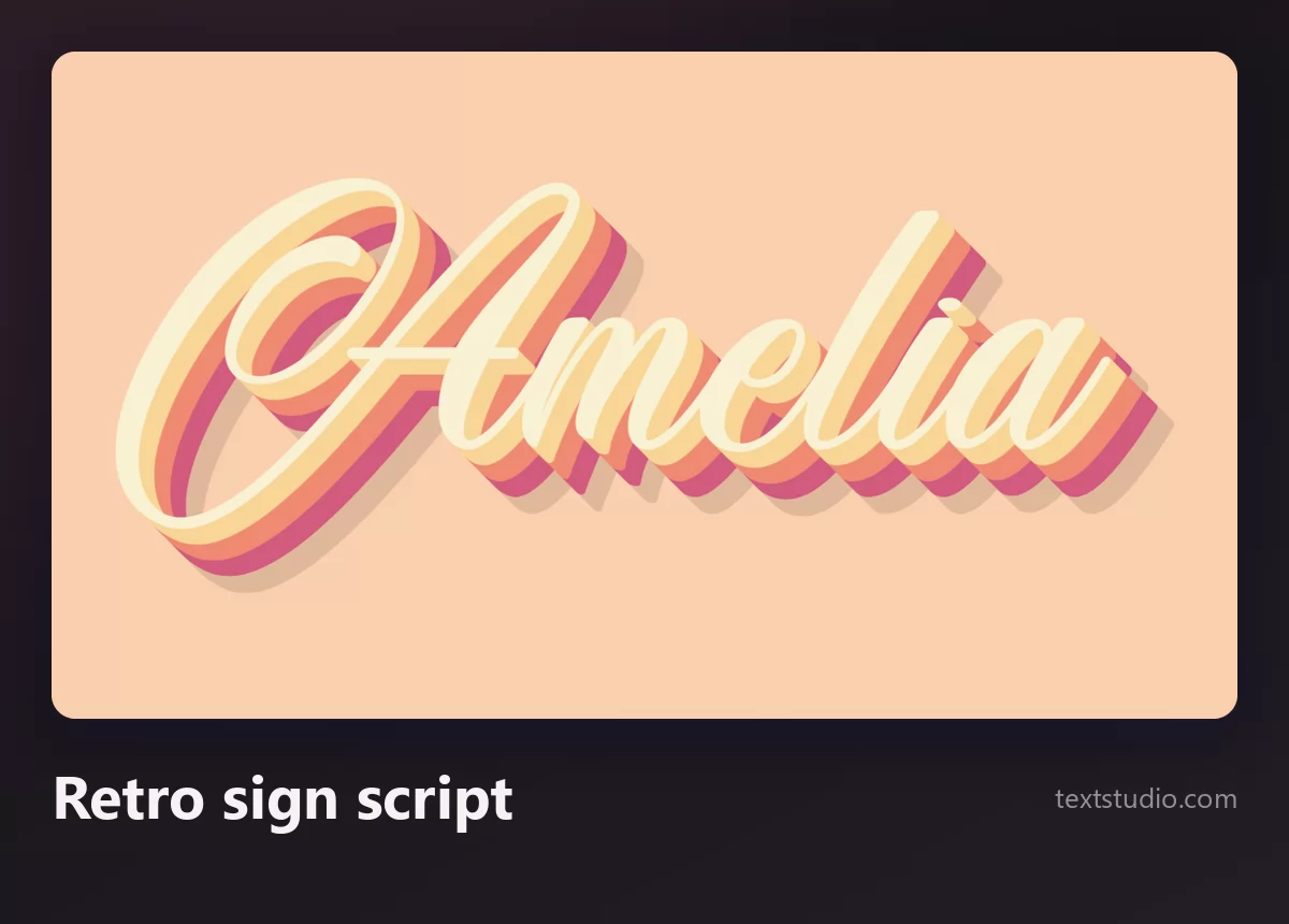 The name Amelia in a retro sign script, cream letters with a layered pink and orange three-dimensional shadow