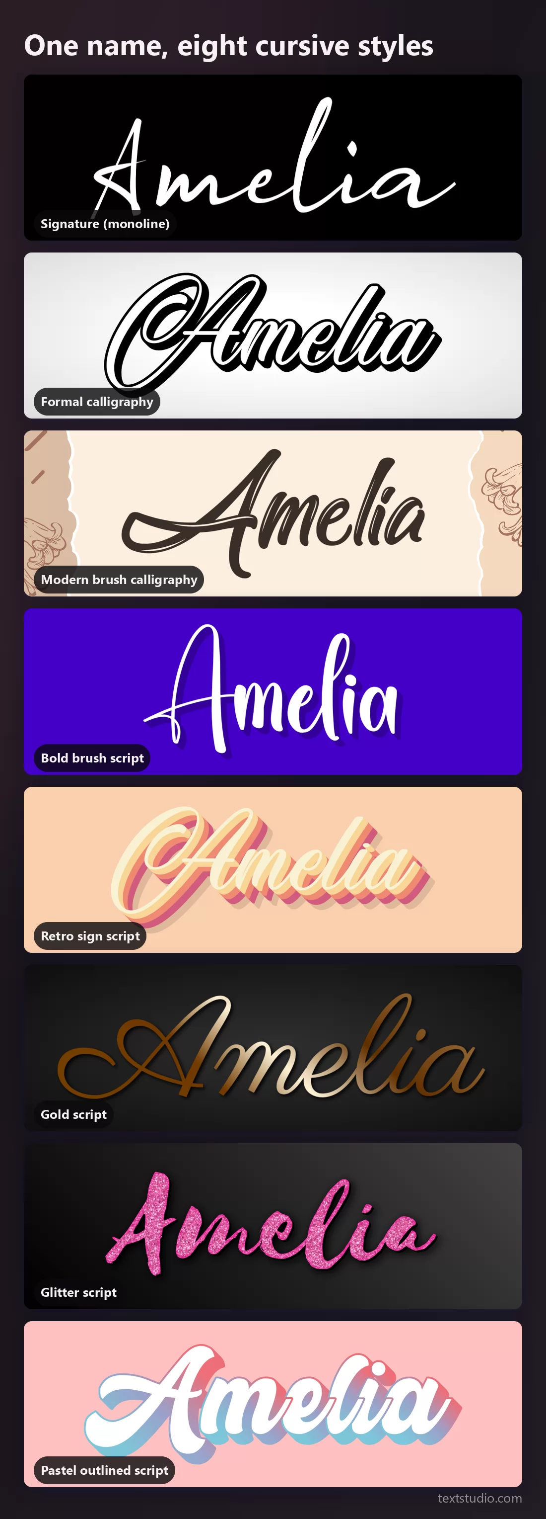The name Amelia in eight cursive styles stacked for comparison, from a thin monoline signature to a glitter brush script