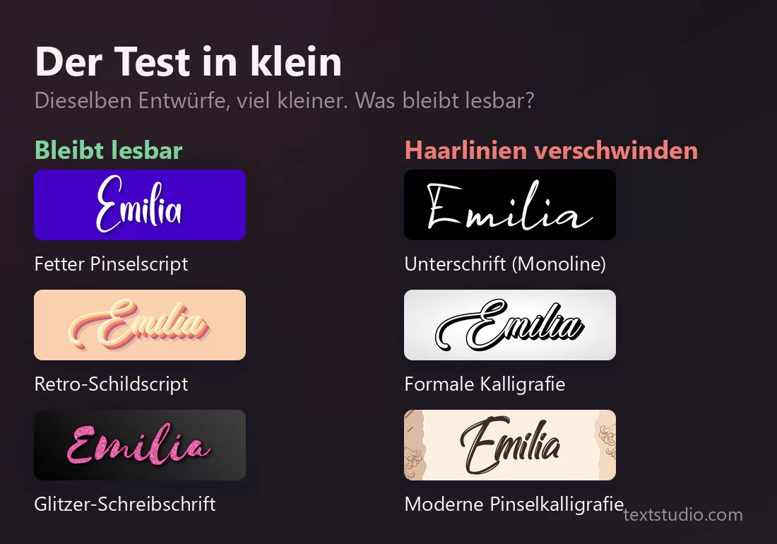 Vergleich von sechs Schreibschrift-Stilen in kleiner Größe: fetter Pinselscript, Retro-Schildscript und Glitzer-Schreibschrift bleiben lesbar, bei der Monoline-Unterschrift, der formalen Kalligrafie und der Pinselkalligrafie verschwinden die Haarlinien