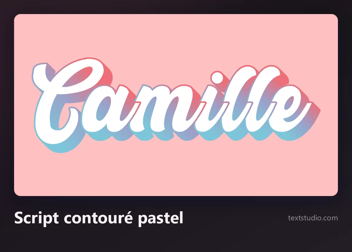 Le prénom Camille dans un script en dégradé pastel avec un contour blanc, façon sticker, sur fond rose