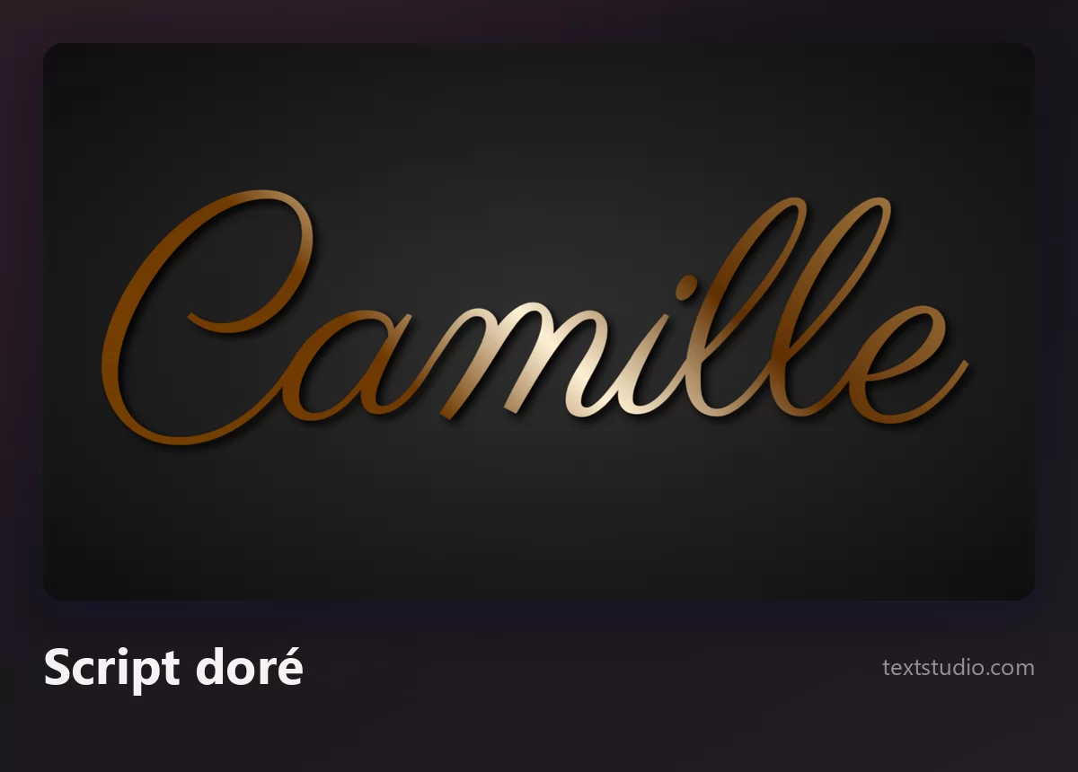 Le prénom Camille dans un script doré métallisé avec un éclat chaud le long des traits