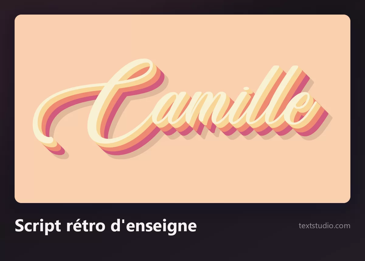 Le prénom Camille dans un script rétro d'enseigne, des lettres crème avec une ombre tridimensionnelle superposée rose et orange