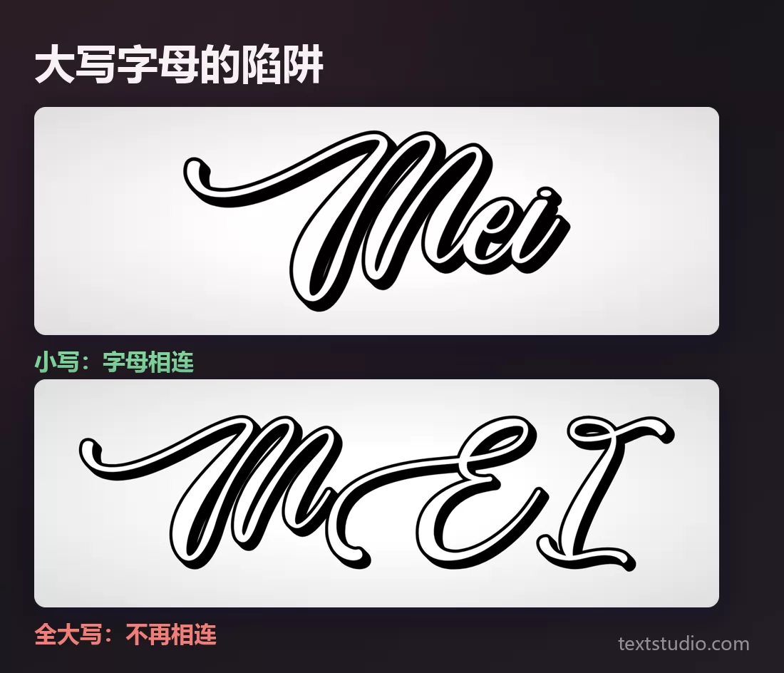 同一个名字的书法体手写字形，先是小写时字母相连，再是全大写时不再相连