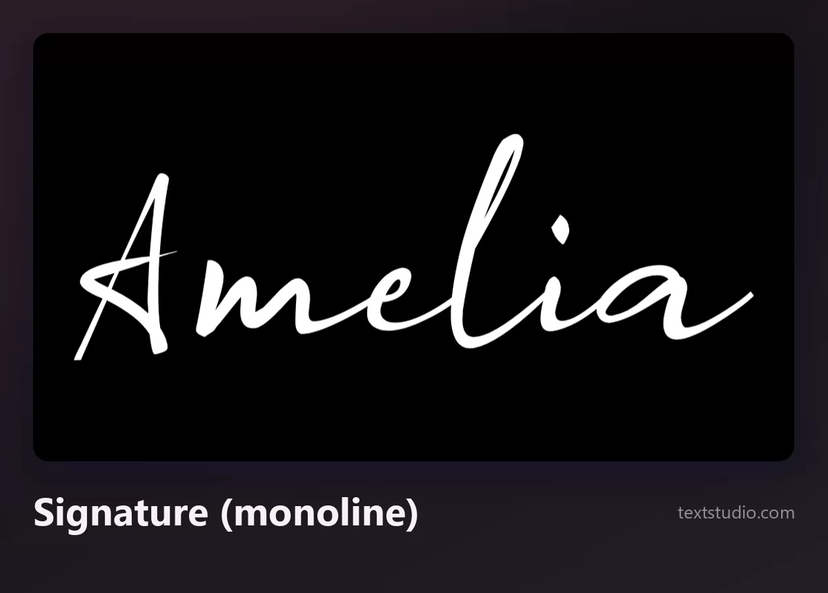 The name Amelia in a thin white monoline signature script on a black background