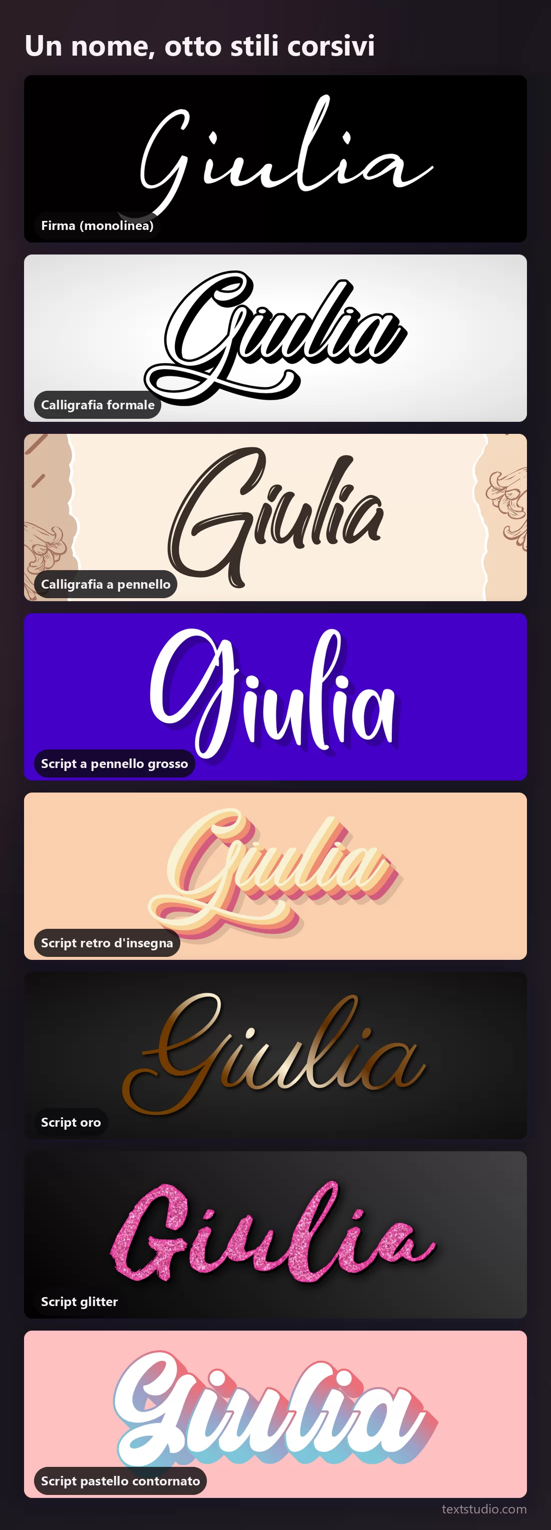 Il nome Giulia in otto stili corsivi impilati a confronto, dalla firma monolinea sottile allo script a pennello glitter