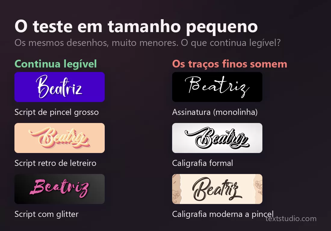 Comparação em tamanho pequeno de seis estilos cursivos: o script de pincel grosso, o retro e o com glitter continuam legíveis, enquanto na assinatura monolinha, na caligrafia formal e na caligrafia a pincel os traços finos somem