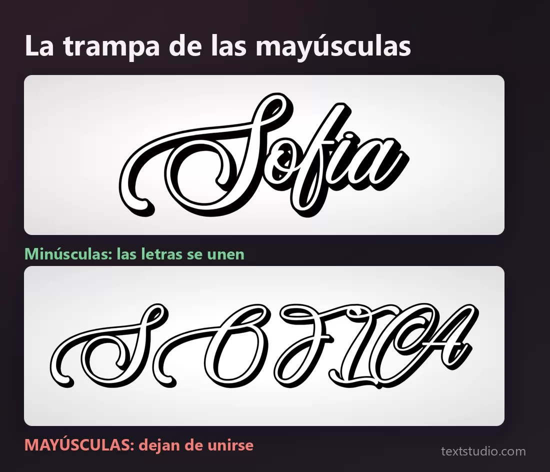 El mismo nombre en un script de caligrafía, primero en minúsculas, donde las letras se unen, y después todo en mayúsculas, donde dejan de unirse