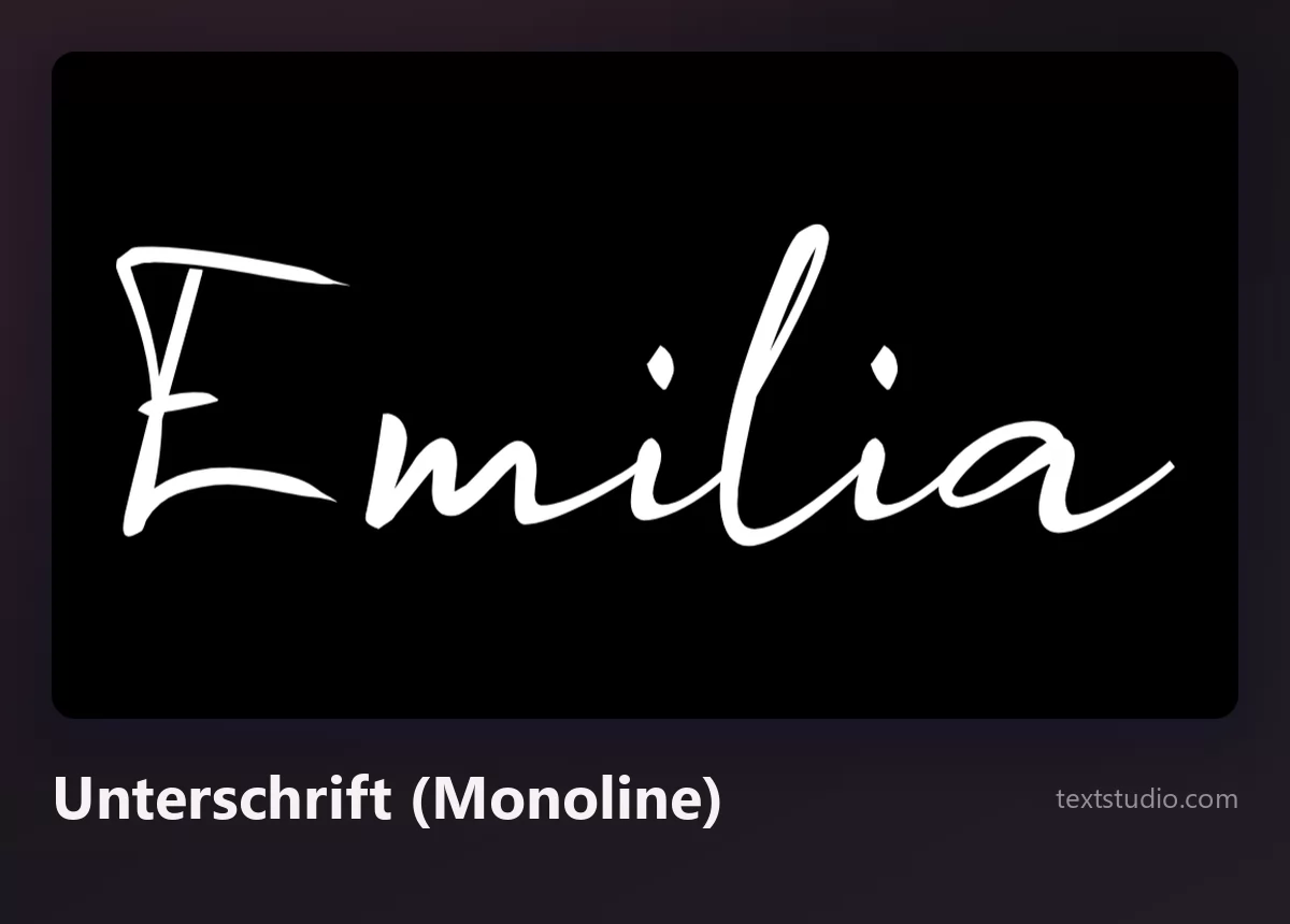 Der Name Emilia in einem dünnen weißen Monoline-Unterschriftenscript auf schwarzem Hintergrund