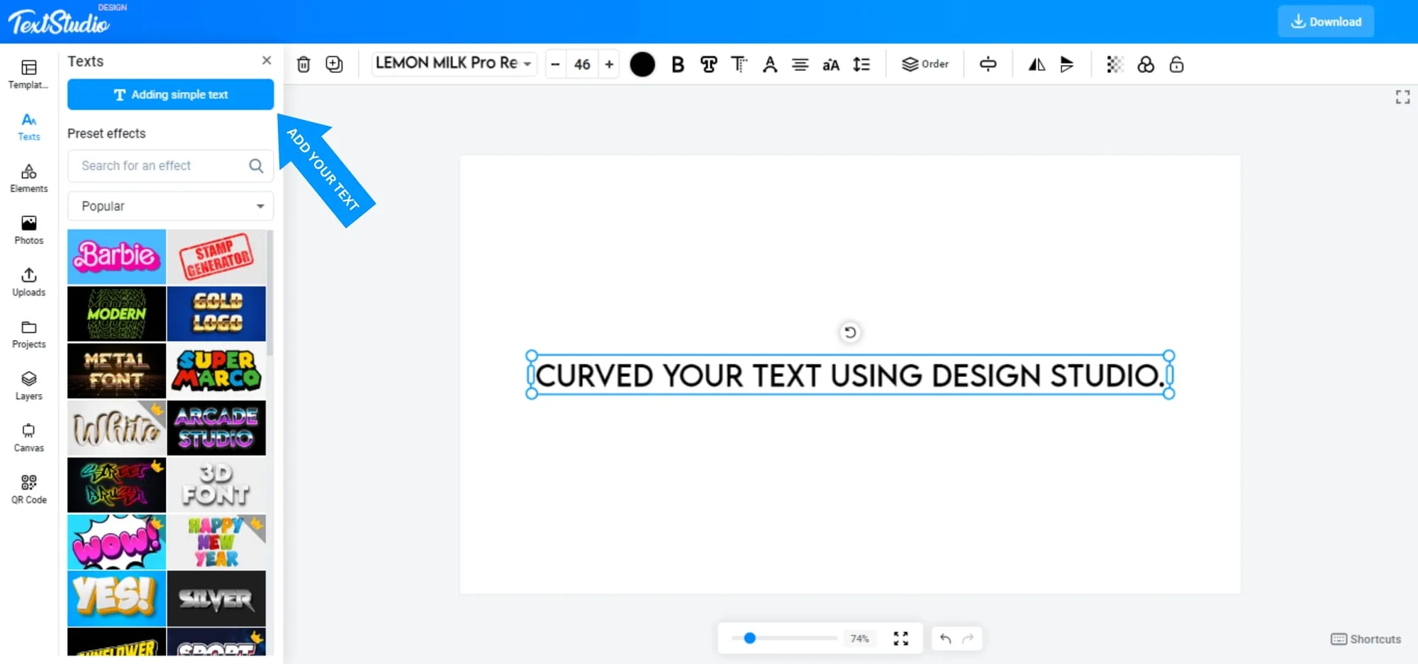 Adding a simple text layer in Design Studio before curving it