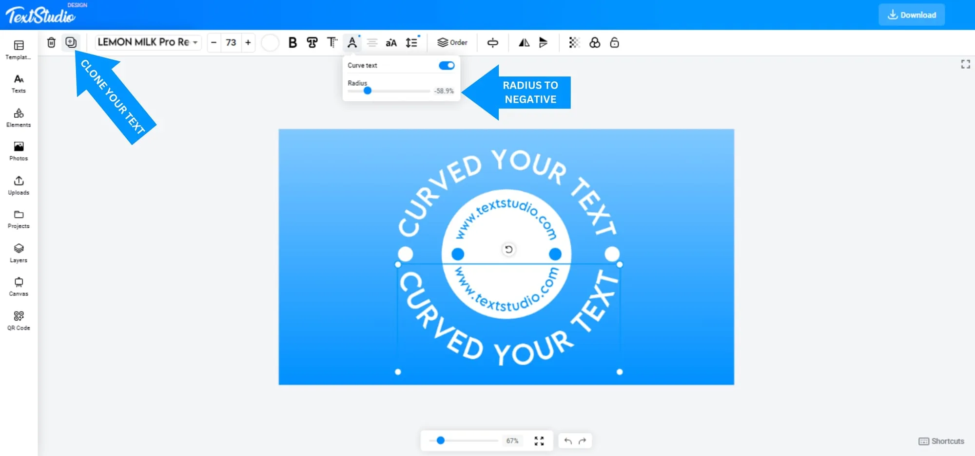Cloning the text and setting a negative radius to create a circular badge