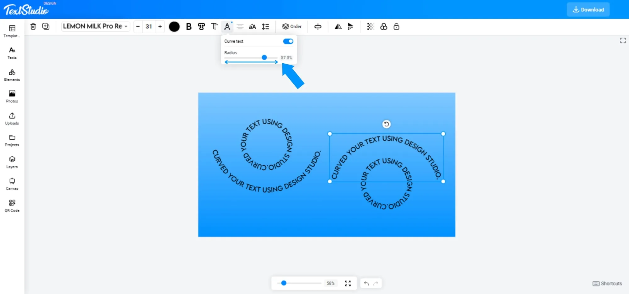 The Curve Text option in Design Studio with the radius slider