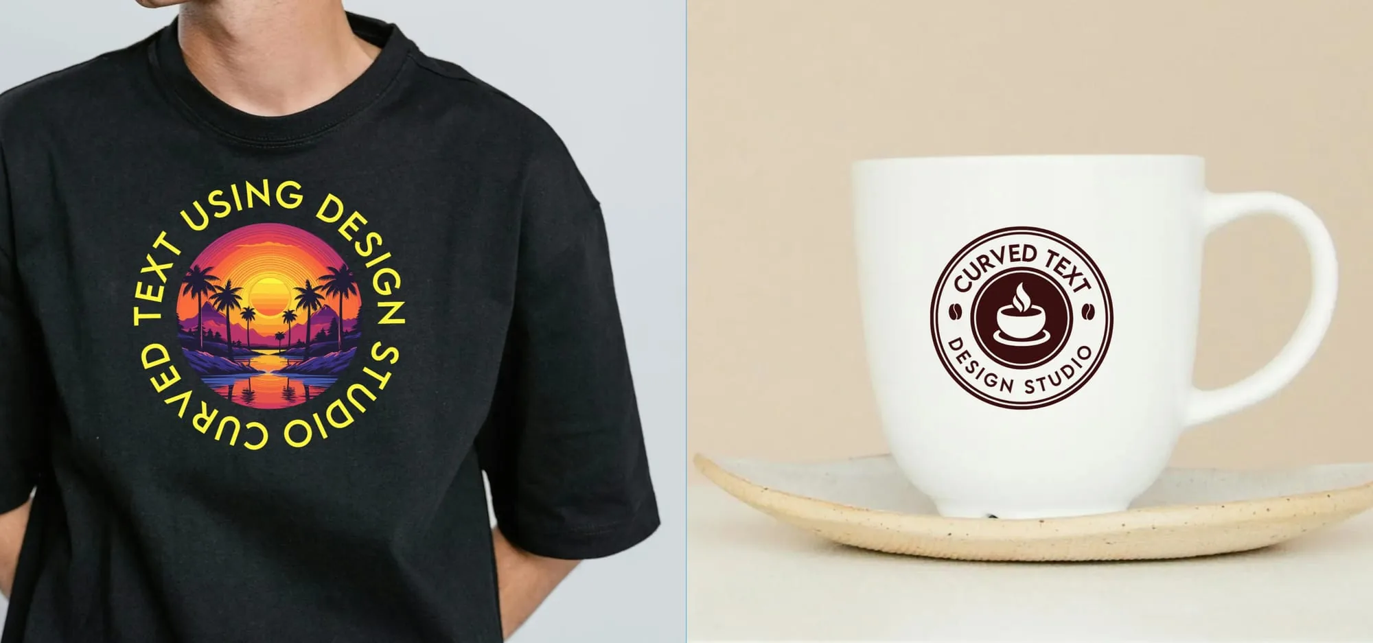Curved text designs applied to a t-shirt and a coffee mug