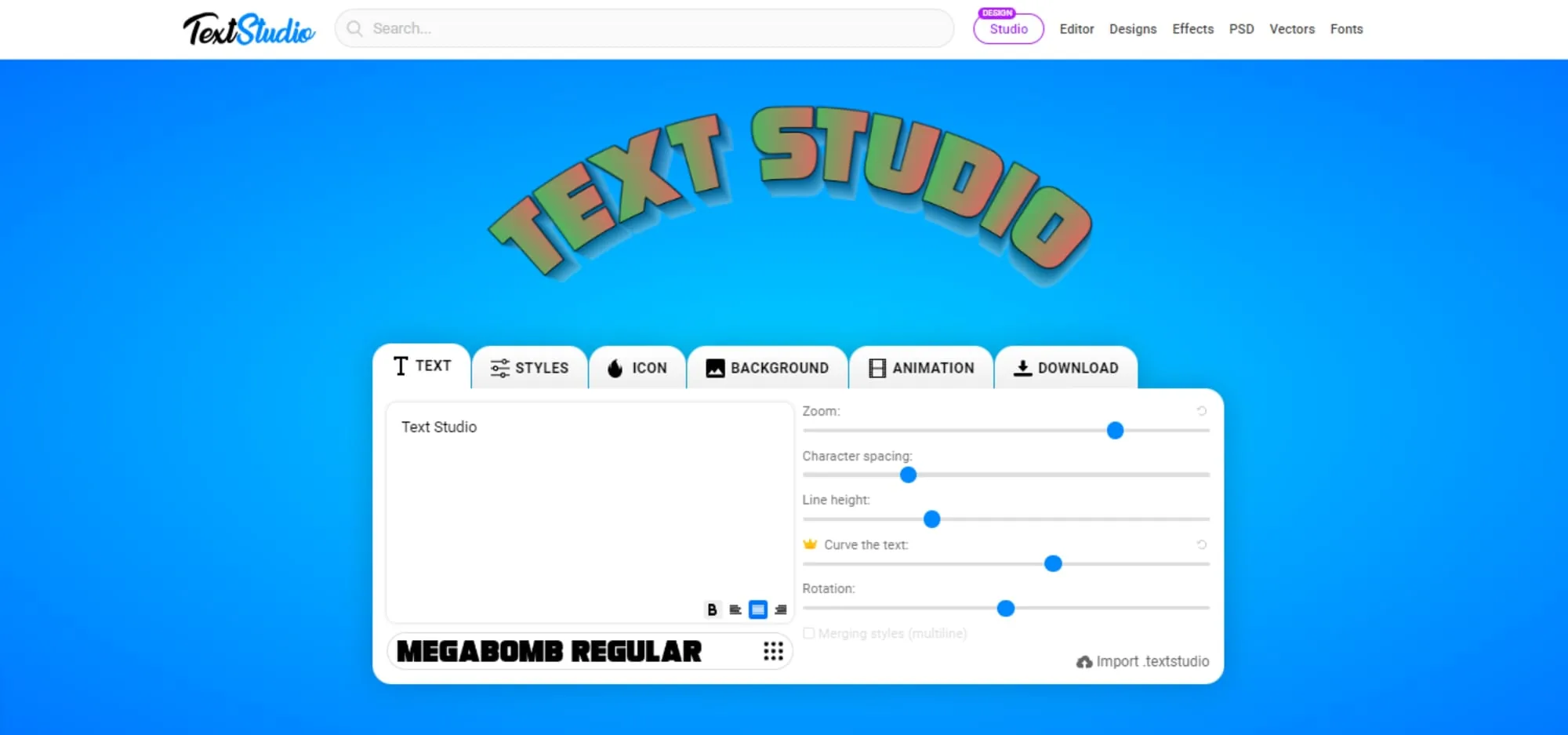Curving text in the TextStudio editor with the curve slider