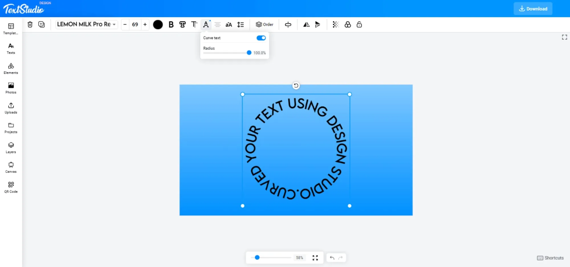 Text curved into a full circle with the radius slider at 100 percent