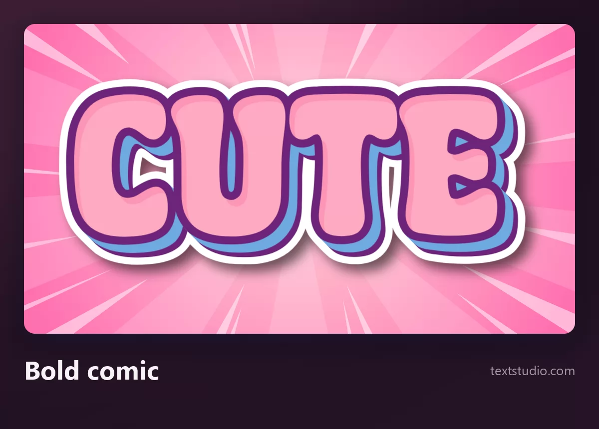 The word Cute in bold comic lettering, pink letters with thick purple and white outlines over a bright pink radial burst