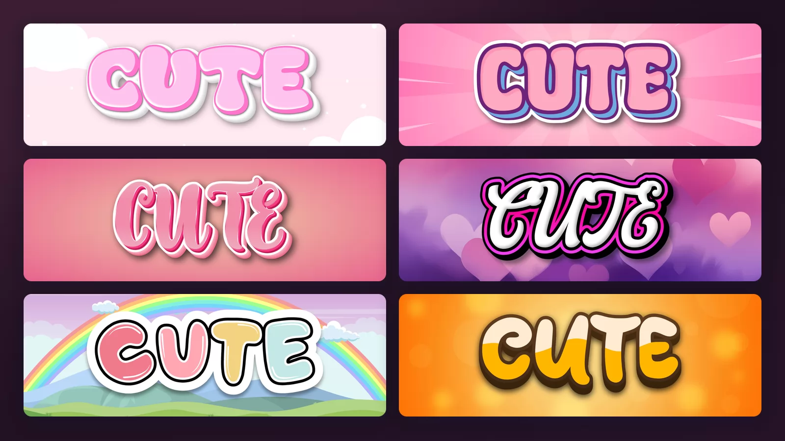 The word Cute in six cute lettering styles: soft pink kawaii letters on clouds, a bold comic version on a pink burst, a pink three dimensional script, a white script over hearts, rounded outlined letters on a rainbow scene, and warm orange rounded letters